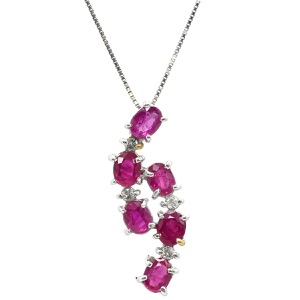 ネックレス ルビー 0.8ct ダイヤモンド ペンダント K18WG シルバー 赤 レッド 6石 オーバルミックスカット 4Pダイヤ  中古
