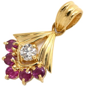 ペンダントトップ ルビー 0.50ct ダイヤモンド K18YG ゴールド リボン 赤 レッド ミックスカット チャーム ネックレストップ 18K 18金 750YG   中古