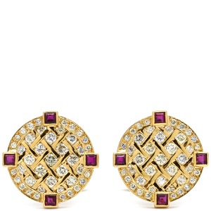 カフス カフリンクス ダイヤ×ルビー K18YG シルバー Au750 18K 18金 ラウンド 中古