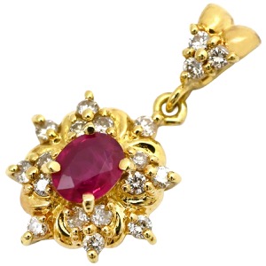 ペンダントトップ ルビー 0.45ct ダイヤモンド K18YG ゴールド 赤 レッド オーバルミックスカット チャーム ネックレストップ 18K 750YG   中古