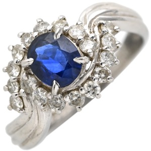リング 指輪 ブルーサファイア 0.56ct ダイヤリング Pt900 シルバー 青 Pt900 オーバルミックスカット 1石 中古