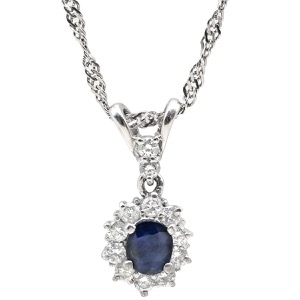 ネックレス ブルーサファイア ダイヤ Pt900 ブルー オーバルカット Pt900 プラチナム 青 メレ フラワーモチーフ ヘイロー スクリューチェーン  中古