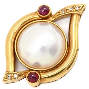 ペンダントトップ パール ルビー ダイヤ K18YG ホワイト 赤 ネックレストップ マベパール ホワイトパール 真珠 18K YG 750  中古
