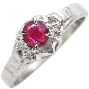 リング 指輪 ルビー 0.19ct ダイヤリング Pt900 シルバー レッド 赤 1石 オーバルミックスカット ダイヤモンド 4Pダイヤ 中古