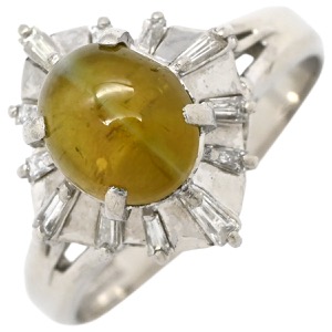 リング 指輪 キャッツアイ2.1ct ダイヤリング Pt900 シルバー 猫目石 緑褐色 PM900 テーパーダイヤ 中古