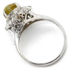 リング 指輪 キャッツアイ2.1ct ダイヤリング Pt900 シルバー 猫目石 緑褐色 PM900 テーパーダイヤ 中古