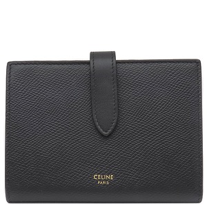 セリーヌ 二つ折り財布 ミディアム ストラップ ウォレット レザー ブラック 黒  中古