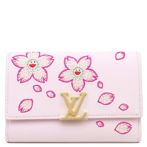 ルイヴィトン 三つ折り財布 LV × TM ポルトフォイユ カプシーヌ コンパクト レザー ブラック 村上 隆 チェリーブロッサム M13445 中古