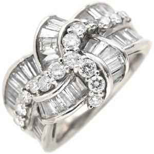 リング 指輪 ダイヤモンド リング Pt900 シルバー プラチナム テーパード バケット ラウンドブリリアント リボンモチーフ 中古