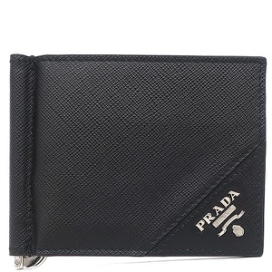 プラダ 二つ折り財布 マネークリップ付財布 レザー ブラック 黒 ロゴ サフィアーノ  2MN077 中古