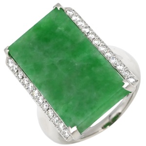 リング 指輪 ヒスイ 14.7ct ダイヤリング Pt900 シルバー 緑 グリーン 翡翠 ひすい ジェダイト ラージ 長角 プラチナ900 中古