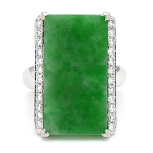 リング 指輪 ヒスイ 14.7ct ダイヤリング Pt900 シルバー 緑 グリーン 翡翠 ひすい ジェダイト ラージ 長角 プラチナ900 中古