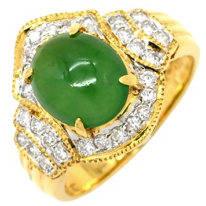 リング 指輪 ヒスイ ダイヤモンドリング K18YG ゴールド 翡翠 グリーン 緑 ジェダイト 18K Au750 ジェイダイト オーバル ひすい 中古