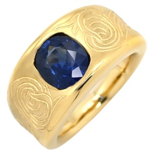 リング 指輪 ブルーサファイア K18YG ブルー 2.09ct イエローゴールド Au750 18K 18金 青 渦巻き 彫刻 アールデコ エングレーブ 幅広 天然  中古