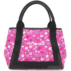 バレンシアガ トートバッグ ネイビーカバス S キャンバス ピンク 黒 花柄  339933 中古