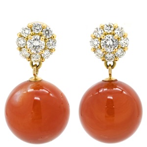 ピアス 珊瑚 サンゴ ダイヤピアス K18YG ゴールド 1P 1粒さんご  中古