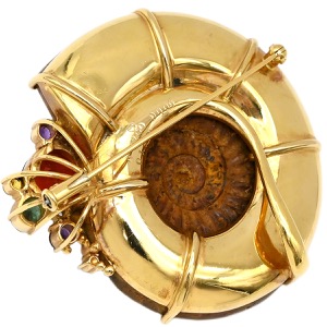ブローチ アンモナイト マルチストーン K18YG ゴールド オパール トルマリン サファイア ルビー ガーネット アメシスト ダイヤモンド 750YG 中古