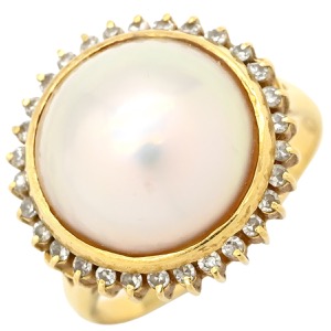 リング 指輪 K18YG ゴールド 1P 1粒 マベパール 真珠 ダイヤ ハーフパール 18K 18金 YG ダイヤモンド  中古