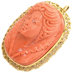 ブローチ サンゴ カメオ K18YG ゴールド ピンク 彫刻 珊瑚 ペンダントトップ  中古