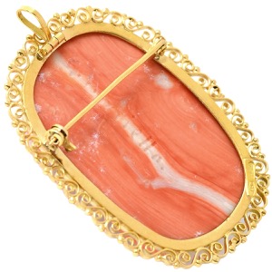 ブローチ サンゴ カメオ K18YG ゴールド ピンク 彫刻 珊瑚 ペンダントトップ  中古