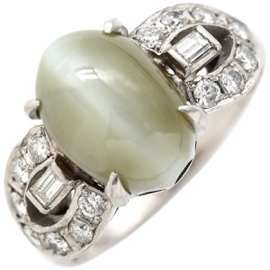 リング 指輪 クリソベリルキャッツアイ ダイヤ Pt グリーン Pt プラチナム 緑 オリーブグリーン オーバル パヴェ バゲットカット 天然石 中古