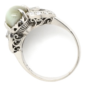 リング 指輪 クリソベリルキャッツアイ ダイヤ Pt グリーン Pt プラチナム 緑 オリーブグリーン オーバル パヴェ バゲットカット 天然石 中古