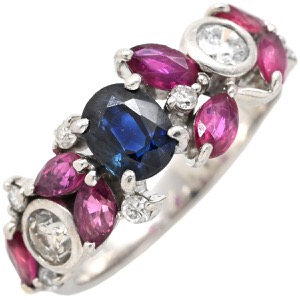 リング 指輪 ブルーサファイア ルビー ダイヤリング Pt900 シルバー 青 赤  中古