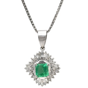 ネックレス エメラルド ダイヤ Pt900 シルバー ダイヤモンド グリーン 緑 エメラルドカット ひし形  中古