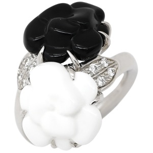 シャネル リング 指輪 カメリア K18WG ブラック #48 Au750 ダイヤ オニキス ホワイトアゲート メノウ 花 J2938 中古