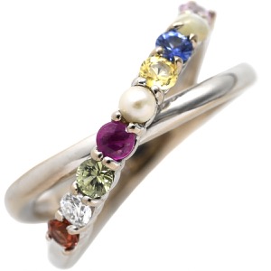 リング 指輪 K18WG シルバー ダイヤ ルビー ピンクスピネル サファイア ガーネット パール クリソベリルキャッツアイ 中古