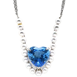 ネックレス ブルートパーズ パール ペンダント Pt900 シルバー 青 ブルー ネックレス あこや真珠 ハートモチーフ プラチナム  中古