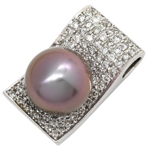 ペンダントトップ 黒蝶パール 12ｍｍ ダイヤモンド K18WG シルバー 黒 シルバー 真珠 パヴェダイヤ Au750 18K ネックレストップ ラウンドシェイプ  中古