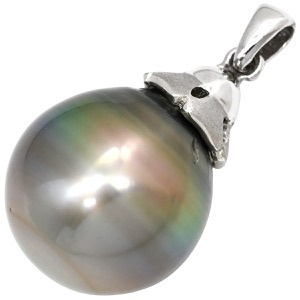 ペンダントトップ 黒蝶パール 14ｍｍ K18WG シルバー 真珠 黒 シルバー Au750 18K 18金 ネックレストップ ペンダントヘッド オフラウンドシェイプ  中古