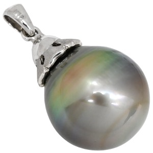 ペンダントトップ 黒蝶パール 14ｍｍ K18WG シルバー 真珠 黒 シルバー Au750 18K 18金 ネックレストップ ペンダントヘッド オフラウンドシェイプ  中古