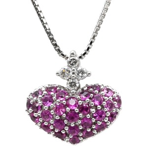 ネックレス ルビー ダイヤペンダント K18WG シルバー ダイヤモンド 赤 ハートモチーフ ラウンドミックスカット  中古