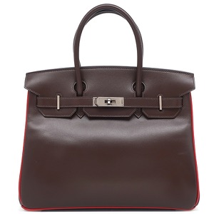 エルメス ハンドバッグ バーキン30 ヴェルソ ボックスカーフ ブラウン 茶 赤 バイカラー 中古