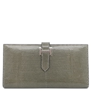 エルメス 長財布 ベアンスフレ リザード グレー 二つ折り財布 中古