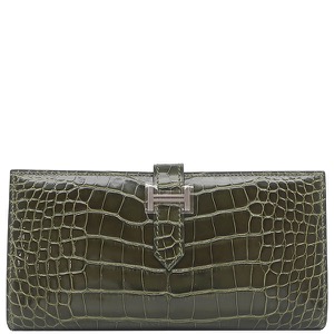 エルメス 長財布 ベアンスフレ アリゲーター カーキグリーン 深緑 二つ折り財布  中古