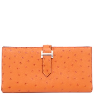 エルメス 長財布 ベアンスフレ オーストリッチ オレンジ 二つ折り財布 ソルド品  中古