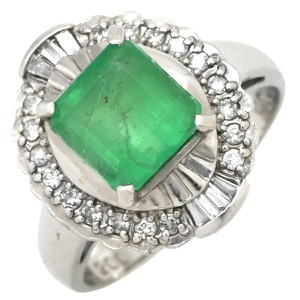 リング 指輪 エメラルド ダイヤモンド リング Pt900 シルバー グリーン 緑 スクエア 2.0ct エメラルドカット   中古