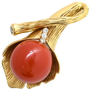 ペンダントトップ 珊瑚 ダイヤ K18YG ゴールド 赤 サンゴ ダイヤモンド YG 750 ネックレストップ 16mm  中古