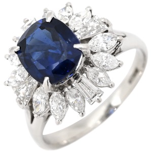 リング 指輪 ブルーサファイア ダイヤ Pt900 ブルー クッションカット Pt900 プラチナム 青 マーキス バゲットカット フラワーモチーフ  中古