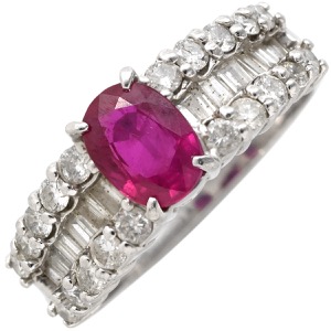 リング 指輪 ルビー 1.1ct ダイヤリング Pt900 シルバー レッド 赤 1石 オーバルミックスカット ダイヤモンド 指輪 中古