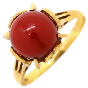 リング 指輪 珊瑚 8mm K18YG ゴールド サンゴ さんご 赤 血赤 レッド ラウンドシェイプ  中古