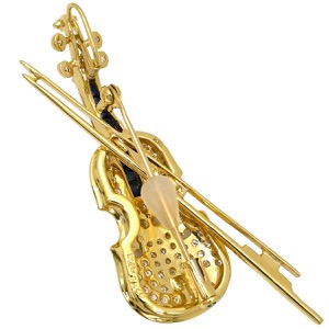 ブローチ ダイヤ サファイア K18YG ゴールド バイオリンモチーフ YG 18K ピンブローチ ブルー 青 楽器 パヴェダイヤ  中古