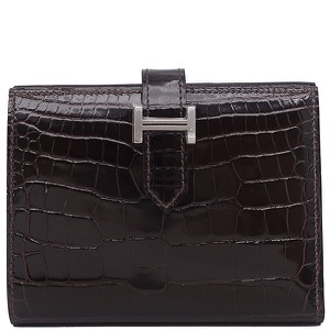 エルメス 二つ折り財布 ベアンコンパクト アリゲーター ブラウン 茶 クロコ  中古