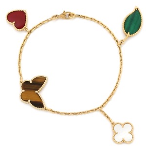 ヴァンクリーフアーペル ブレスレット ラッキー アルハンブラ 4モチーフ K18YG ゴールド 赤 白 緑 茶 マルチストーン 18K 18金 750YG VCARD79600 中古