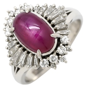 リング 指輪 スタールビー 3.43ct ダイヤ Pt900 レッド 赤 ピンク 1P 1石 1粒 プラチナ Pt900 メレ パヴェ バケット オーバル カボション 中古