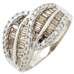 リング 指輪 ダイヤモンド 1.50ct K18WG シルバー パヴェダイヤ バゲットカット デザインリング 18K 750 WG 中古