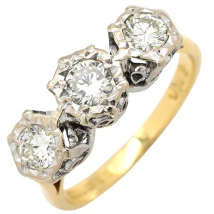 リング 指輪 ダイヤモンド 0.69ct K18YG ゴールド 3P 3粒 3石 18K 750 YG WG コンビ ブリリアントカット 一文字 中古